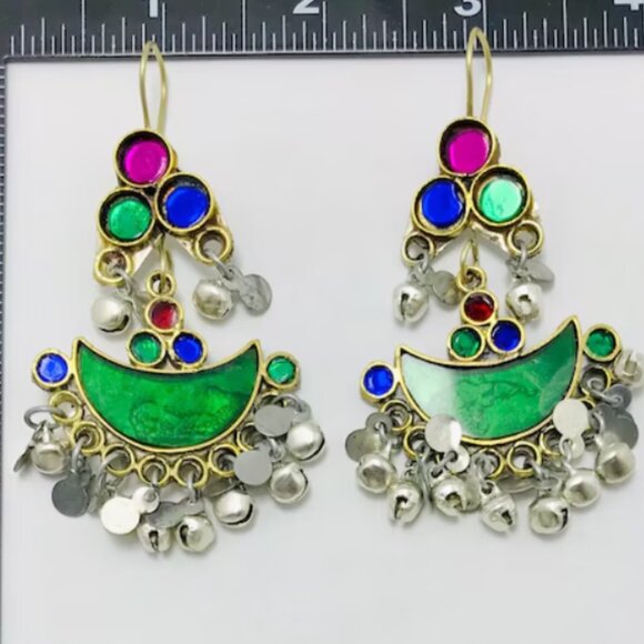 Multicolor Glass Stones Silver Earrings, AfghanTraditional Earrings,Light Weight - Picture 3 of 13